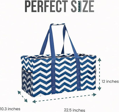 Extra Large Utility Tote Bag, Oversized Collapsible Reusable Wire Frame Rectangular Canvas Basket With Two Exterior Pockets For Beach, Pool, Laundry, Car Trunk, Storage - Chevron Navy