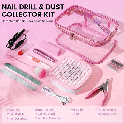Nail Drill with Dust Collector Kit: 20000RPM Professional Electric Nail File for Acrylic Gel Removal, Manicure Pedicure Polishing, Complete Nail Tool Set in Cosmetic Bag for Home DIY Beginners (Pink)