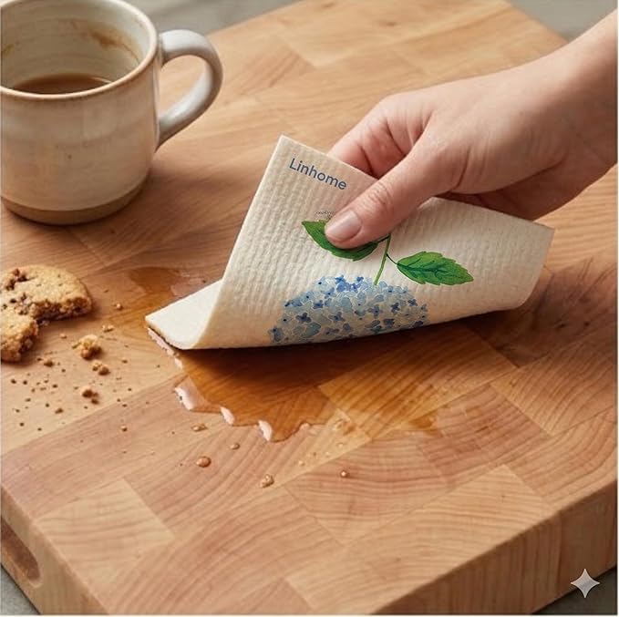 Garden Collection Hydrangea Swedish Dishcloth, Reusable Paper Towel, Super Absorbent Cellulose Sponge, Kitchen Cleaning Cloth, Washable & Compostable (Blue Hydrangea - 4 Pack)