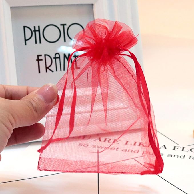 100 Pc 5x7 inch Gift Wrap Bags Red,Organza Sheer Fabric,Drawstring Glossy Pastel Treat Bags for Baby Shower Favor,House Party Favors,Bridal Shower Favor,Lipsense Holder,Xmas,Tea,Cookies,Chocolate