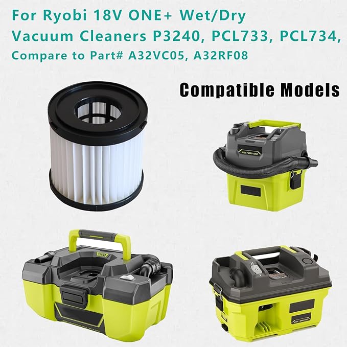 2 Pack Washable HEPA Filter Replacement for Ryobi 18V ONE+ Wet/Dry Vacuum Cleaners PCL733, PCL734, P3240 with Cleaning Brush, Compare to Part# A32VC05, A32RF08