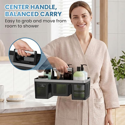 BYUNER 2Pack Plastic Shower Caddy: Portable Hard Bathroom Basket Tote with Handle, 4 Divided Compartments, All-Side Drainage, Non-Mesh Shower & Cleaning Caddy Organizer for College Dorm, Black/Silver