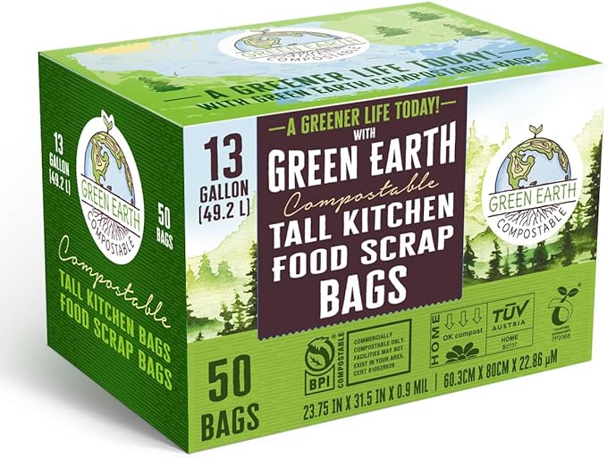 Green Earth Compostable Tall Kitchen Food Scrap Trash Bags, Superior Strength 0.9 Mil, Compost Bin Compatible, 13 Gallon, 49 Liter, 50-Count, ASTM D6400, BPI (US) & OK Compost Home (EU) Certified