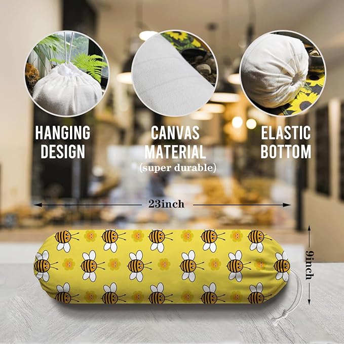 Bees Plastic Bag Holder, Hanging Shopping Bags Storage Carrier, Yellow Fabric Garbage Trash Bag Dispenser for Home Kitchen Pantry Cabinet, Wall Mount, Kitchen Housewarming Gifts for Women