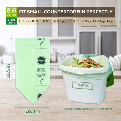(Include 10 Bonus Bags) ANECO 100% Compostable Waste Bags 2.6 Gallon, Extra Thick Kitchen Small Compost Bags for Countertop Bin, 110 Count (100 + 10 Extra)