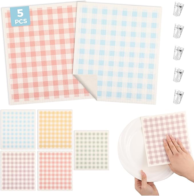 wlich 5PCS Swedish Dishcloths for Kitchen, Reusable Dish Rags for Washing Dishes with Clips, Non-Scratch Kitchen Towels and Dishcloths Sets, Washable Swedish Dish Cloths, No Odor(Grid)