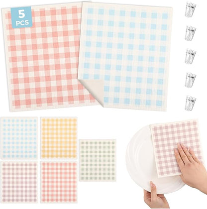 wlich 5PCS Swedish Dishcloths for Kitchen, Reusable Dish Rags for Washing Dishes with Clips, Non-Scratch Kitchen Towels and Dishcloths Sets, Washable Swedish Dish Cloths, No Odor(Grid)
