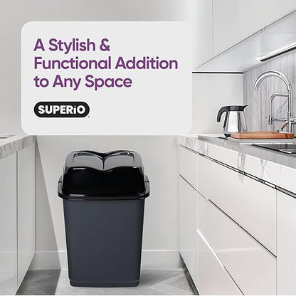 Garbage Cans with Swing Top-Split Lids | Large Kitchen Trash Cans with Lids | Durable Plastic |Slim & Sturdy Trash Bins | Fingerprint Resistant | 13 Gallon / 50 qt / 50 L - Grey/Black | Superio