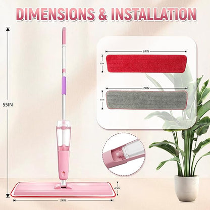 24" Dry mops for Floor Cleaning, Extra-Long Spray runtime & Light Mist Spray mop, Microfiber Wet mop w/ 28oz Tank & 2 Washable Pads, Heavy Duty Flat mop for Hardwood Tile Laminate Vinyl, Large Spaces