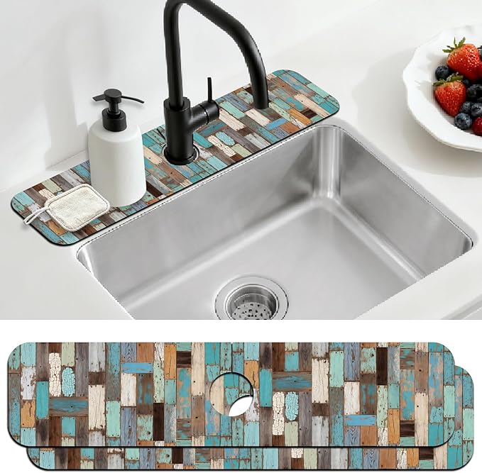 2 Pcs Flowers Kitchen Sink Splash Guard Faucet Mat Plants Floral Patterns Faucet Mat for Sinks Absorbing Drying Mats for Kitchen Bathroom, 23.6x5.5inch