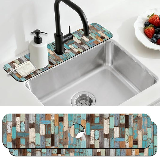 2 Pcs Flowers Kitchen Sink Splash Guard Faucet Mat Plants Floral Patterns Faucet Mat for Sinks Absorbing Drying Mats for Kitchen Bathroom, 23.6x5.5inch