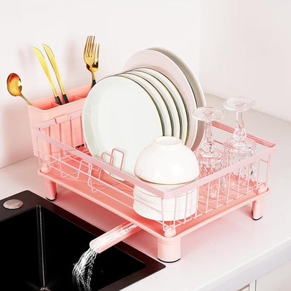Cute Pink Dish Drying Rack with Drainboard,Dish Racks for Kitchen Counter Organization (with 4 Hooks)