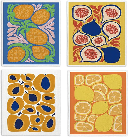Swedish Dishcloths for Kitchen, Papaya Reusable Paper Towels Washable, Summer Lemon Pineapple Swedish DishCloths for Friut, 4 Pack Dish Towels for Kitchen