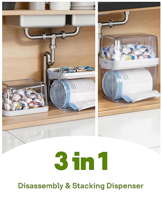 Kaen Trash Bag Dispenser & Dishwasher Pod Organizer, 3 in 1 Large Garbage Bag Dispenser, Trash Bag Holder, Clear Garbage Bags Storage Box, Laundry Room Organizer, Under Sink Organizers