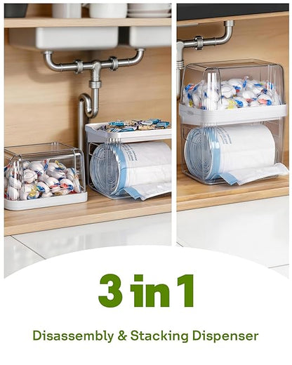 Kaen Trash Bag Dispenser & Dishwasher Pod Organizer, 3 in 1 Large Garbage Bag Dispenser, Trash Bag Holder, Clear Garbage Bags Storage Box, Laundry Room Organizer, Under Sink Organizers