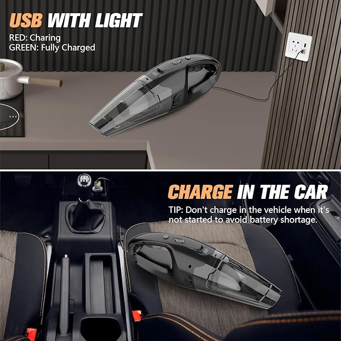 BSRCO Handheld Vacuum Cordless Rechargeable, 3-in-1 Car Vacuum Portable with LED Light & USB Charge, 1.65Lbs Lightweight Hand Vacuum Cleaner for Pet Hair, Home, Car Interior