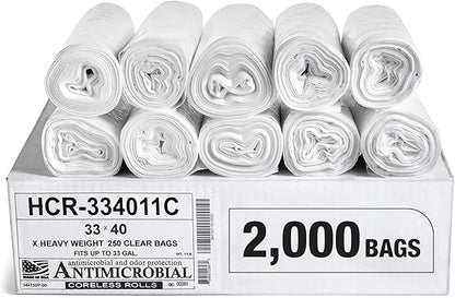 Aluf Plastics High Density Trash Bags, 33 Gallon, 2000 Count, 11 Micron (eq), 33" x 40", Clear, for Bathroom, Office, Industrial, Commercial, Janitorial, Municipal, Recycling