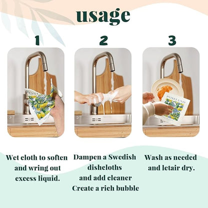 Swedish Dishcloths for Kitchen, Papaya Reusable Paper Towels Washable, Vintage Floral Summer Lemon Swedish DishCloths for Friut, 4 Pcs Dish Towels for Kitchen, No Odor Cleaning Cloths