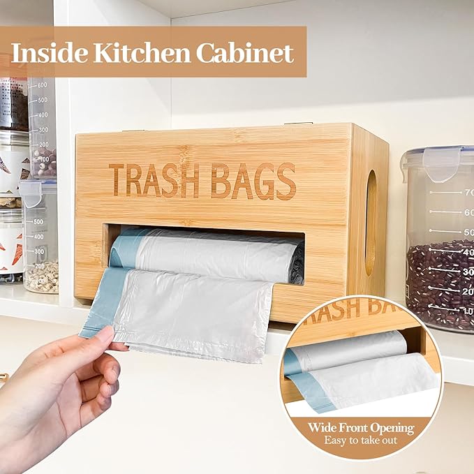 Trash Bag Holder Dispenser - Bamboo Garbage Bag Organizer Wall Mount for Kitchen Cabinet, Extra Large Hanging Trash Bag Roll Storage Container with Lid under Sink