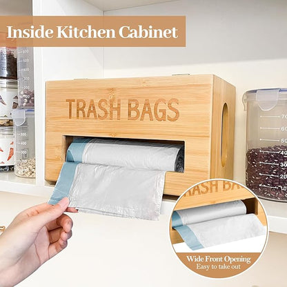 Trash Bag Holder Dispenser - Bamboo Garbage Bag Organizer Wall Mount for Kitchen Cabinet, Extra Large Hanging Trash Bag Roll Storage Container with Lid under Sink