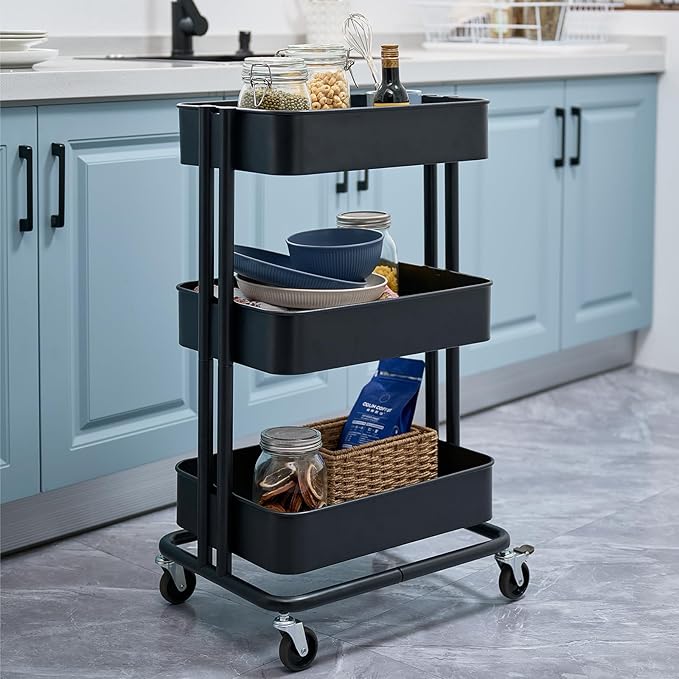 3 Tier Rolling Cart Metal Heavy Duty Utility Cart with Silent Caster Lockable Wheels Multi-Functional Organization Carts Storage Trolley with Mesh Shelves for Office Kitchen Living Room Black