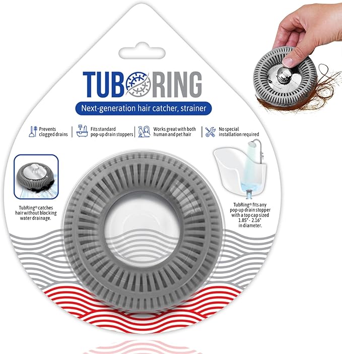 Hair Catcher for Shower Drain & Bathtub – TubRing Pop-Up Drain Protector & Strainer, Reusable Silicone Stopper for Bathroom Clog Prevention, Fits 1.85"–2.16" Drains | Gray