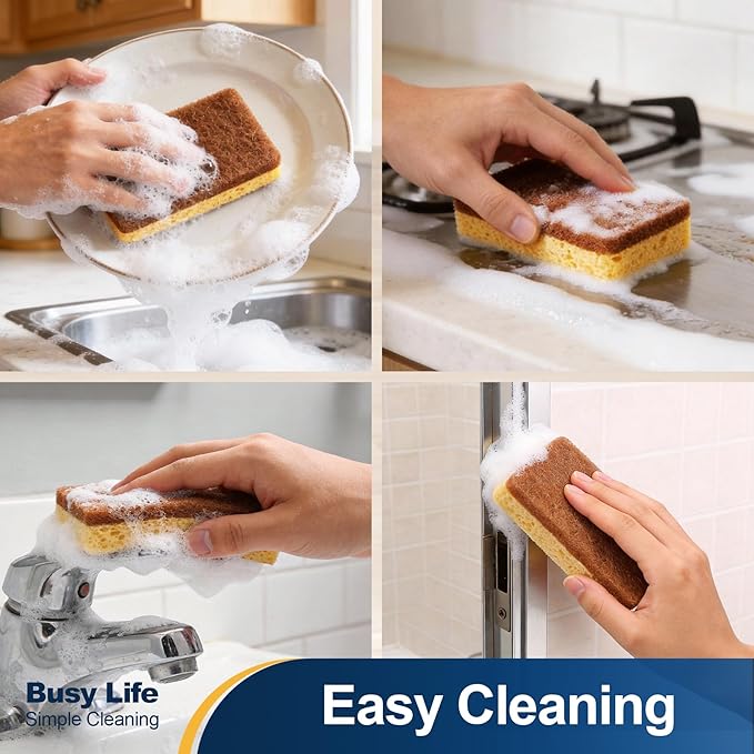 Yocada Cellulose Sponge 12 Pack Biodegradable Natural Kitchen Sponge Dual-Action Cleaning Sponge Compostable Cellulose and Coconut Walnut Non-Scratch Scrubber Sponge for Dishes Pans Pots