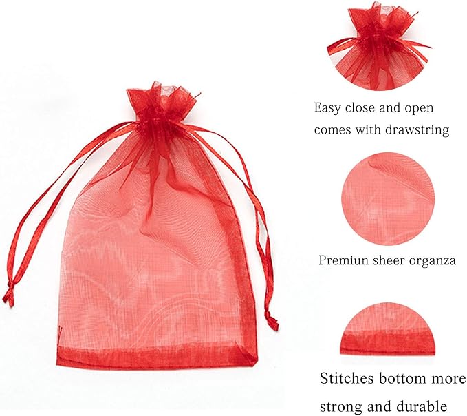 100 Pc 5x7 inch Gift Wrap Bags Red,Organza Sheer Fabric,Drawstring Glossy Pastel Treat Bags for Baby Shower Favor,House Party Favors,Bridal Shower Favor,Lipsense Holder,Xmas,Tea,Cookies,Chocolate