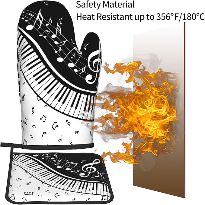 Oven Mitt and Pot Holders Sets - Music Kitchen Mitts Black White Piano Oven Gloves Hot Pads Set of 2 for Cooking BBQ Baking Grilling