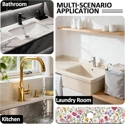 2 Pcs Kitchen Sink Splash Guard Faucet Mats Colorful Watercolor Flowers and Plants Pattern Faucet Mat for Sinks Absorbing Drying Mat for Kitchen Bathroom, 23.6x5.5inch