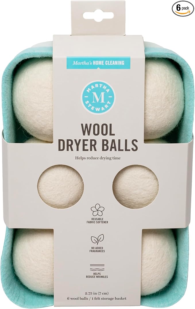 Martha Stewart Wool Dryer Balls – 6-Pack, Natural Fabric Softener with Storage Basket, Reduces Drying Time & Static, Reusable & Eco-Friendly Laundry Solution