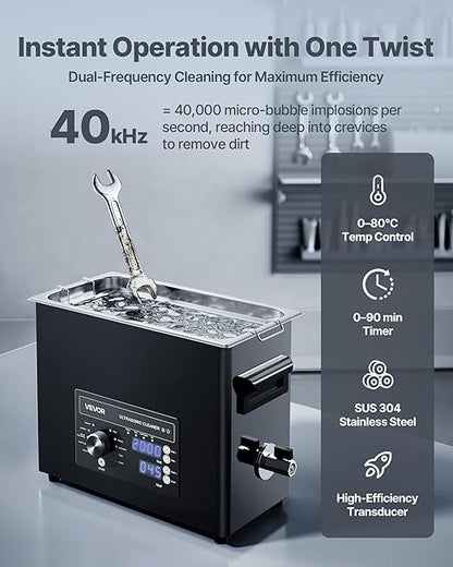 VEVOR 6L Ultrasonic Cleaner, Professional Ultrasonic Cleaner Machine with Knob Control, Stainless Steel Cleaning Machine with Basket and Cleaning Ball, for Watches, Razors, Jewelry, Coins and More