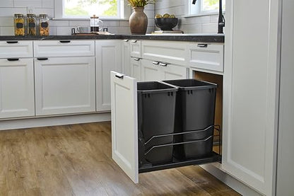 Rev-A-Shelf Steel Double Pullout Waste Container with Soft-Close, 35 Quart, Black - Sliding Garbage Bin System with Dual Trash Can for 18" Home Kitchen Base Cabinet, 53WC-1835SCDM-218