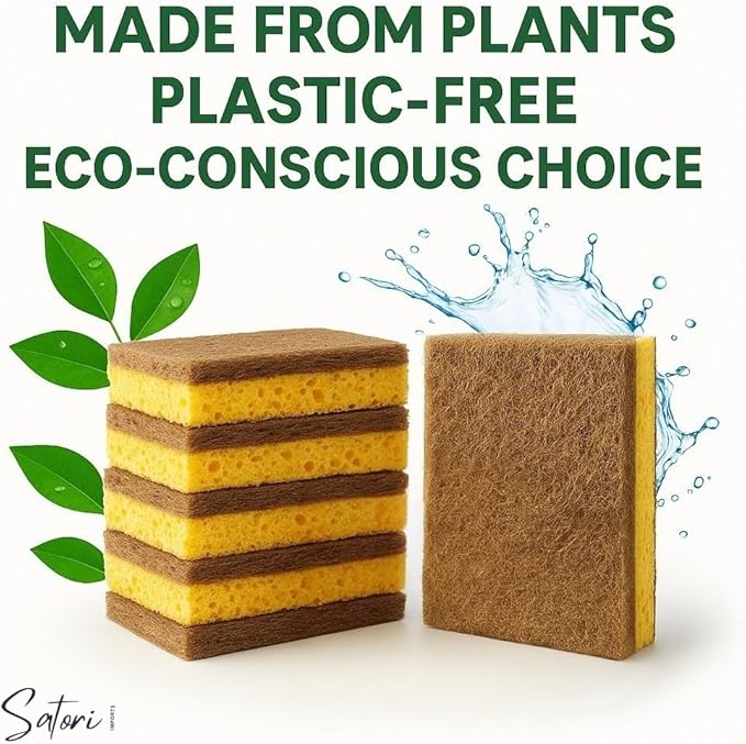Natural Kitchen Sponges – 10 Pack Plant-Based Coconut & Cotton Scrubbers, Dual-Sided, Eco-Conscious, Odor-Resistant Dishwashing Sponges for Dishes, Pots & Pans