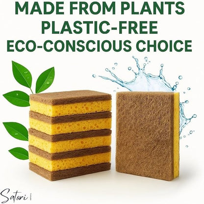 Natural Kitchen Sponges – 10 Pack Plant-Based Coconut & Cotton Scrubbers, Dual-Sided, Eco-Conscious, Odor-Resistant Dishwashing Sponges for Dishes, Pots & Pans