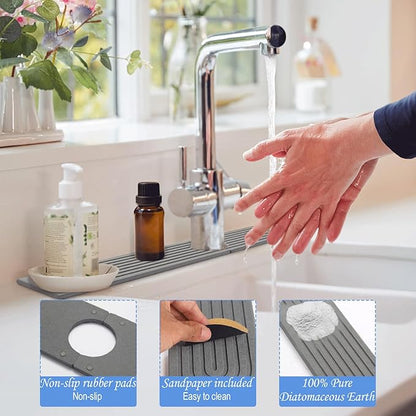 Stone Faucet Mat for Kitchen Sink- 15.6''x 3.9''Diatomite Fast-Drying Faucet Mat, Super Water Absorbing Stone Tray for Sink,Faucet Splash Guard for Bathroom Counter (Dark Gray)