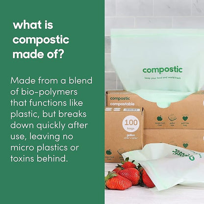 Compostic Compostable Sandwich Bags (60 Count) Starter Pack — Resealable Zip-Seal, Plant-Based, Home Compostable, Freezer & Microwave Safe, BPA-Free, Non-Toxic, GMO-Free Food Storage Bags