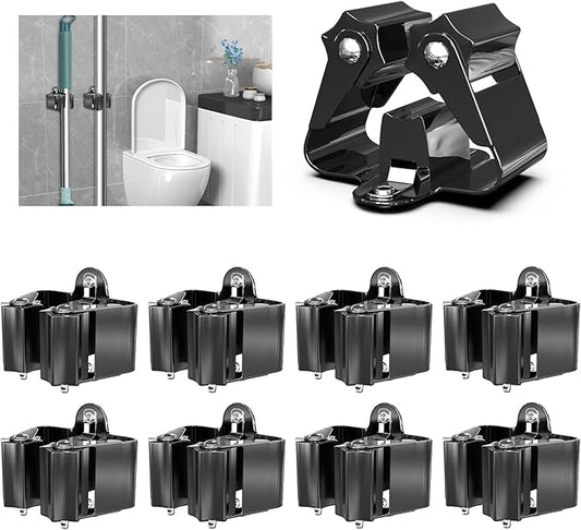 3-H Stainless Steel Broom Holder Wall Mount 8 Pack, Heavy Duty Mop and Broom Organizer with Screws, Tool Storage Rack for Kitchen, Laundry, Bathroom, Garage, Garden Shed,Black