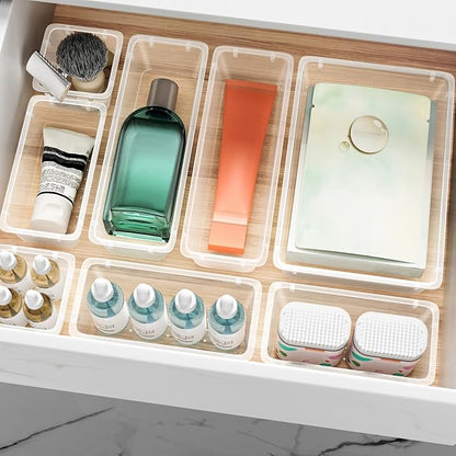 ElegantArray 12 PCS Drawer Organizer Set, 4 Sizes Tool Storage Trays, Clear Plastic Makeup Vanity Organizer and Storage Bins for Makeup, Stationeries, Multiple Gadgets for Bathroom, Office, Bedroom