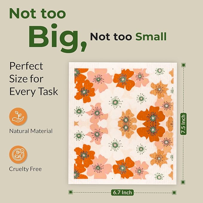 Swedish Dishcloths, Vintage Plant-Based Cellulose, 6.7x7.5 Inch, Super Absorbent, Multi-Surface, Machine Washable, Reusable, 5 Pack (Orange Green)
