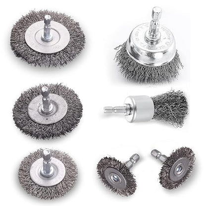 Double Elite 7 Pcs Wire Cup Brush for Drill, 1/4 Inch Hex Shank Abrasive Wire Wheel for Drill, Drill Wire Brush Attachments Set Coarse Crimped Carbon Steel for Home Use, Rust Removal, Polishing