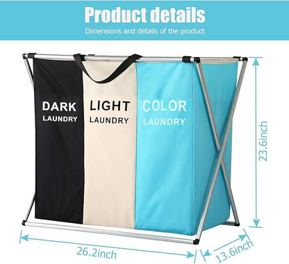 Laundry Cloth Hamper Sorter Basket Bin Foldable 3 Sections with Aluminum Frame 26InIn×24InInH Washing Storage Dirty Clothes Bag (3 Liner, Black + white + sky blue)