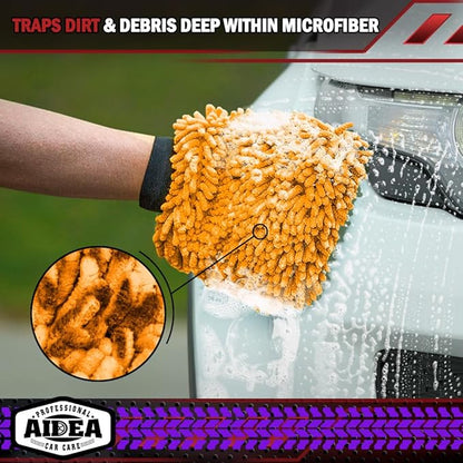 AIDEA Car Wash Mitt Microfiber, 2PK Scratch Free Lint-Free, Premium Chenille Microfiber Mitt Car Wash Brush, Orange, Extra Large Size 8''X12''