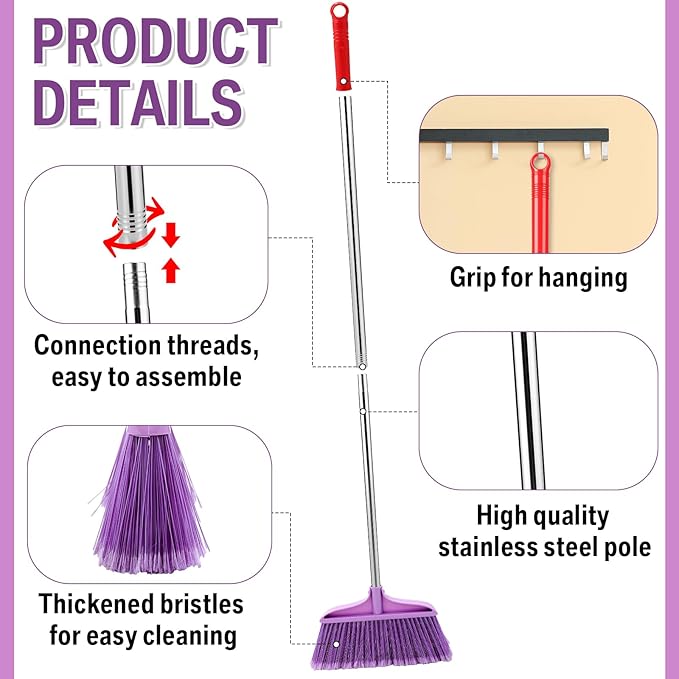 Lasnten Lasnten 8 Pack Heavy Duty Broom for Indoor Outdoor 49 Inches Commercial Broom with Stainless Steel Detachable Long Handle Commercial Cleaning Tools for Home Garage Office Patio Floor, Purple