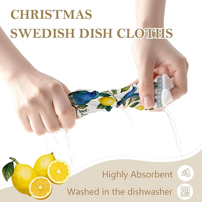 Mixed Blue Tiles Lemons Swedish Kitchen Dishcloths Dish Towels 6 Pack, Farmhouse Lemon Dish Towels, Swedish Dishcloth, Paper Towels Reusable, Dish Cloth Towel Cleaning Wipe for Home Kitchen