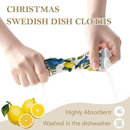 Mixed Blue Tiles Lemons Swedish Kitchen Dishcloths Dish Towels 6 Pack, Farmhouse Lemon Dish Towels, Swedish Dishcloth, Paper Towels Reusable, Dish Cloth Towel Cleaning Wipe for Home Kitchen