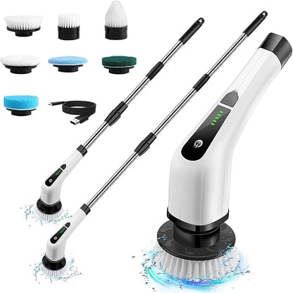 Electric Spin Scrubber for Cleaning Bathroom: Granvell Shower Cleaner Brush with 7 Replaceable Heads & Long Handle, Cordless Power Scrub Tools for Bath Tub Floor Tile