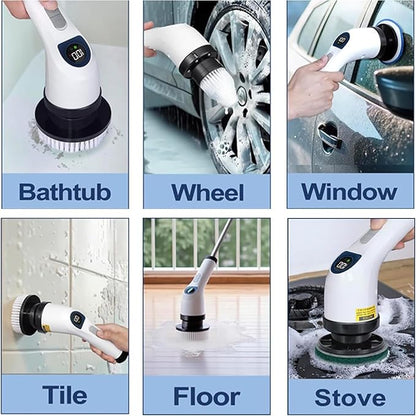 Cleanninja Electric Spin Scrubber for Cleaning, Adjustable Shower Brush with 7 Replaceable Heads & Power LED Display, 2 Speed Waterproof Cordless Shower Scrubber for Bathtub, Kitchen, Car, White