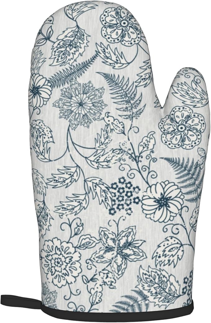 Blue Floral Oven Mitts Set – Vintage Pot Holders Kitchen Gloves for Women Teal Plant Kitchen Mitts Potholders Set of 2 for Cooking & Baking