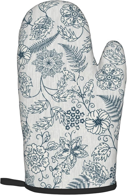 Blue Floral Oven Mitts Set – Vintage Pot Holders Kitchen Gloves for Women Teal Plant Kitchen Mitts Potholders Set of 2 for Cooking & Baking